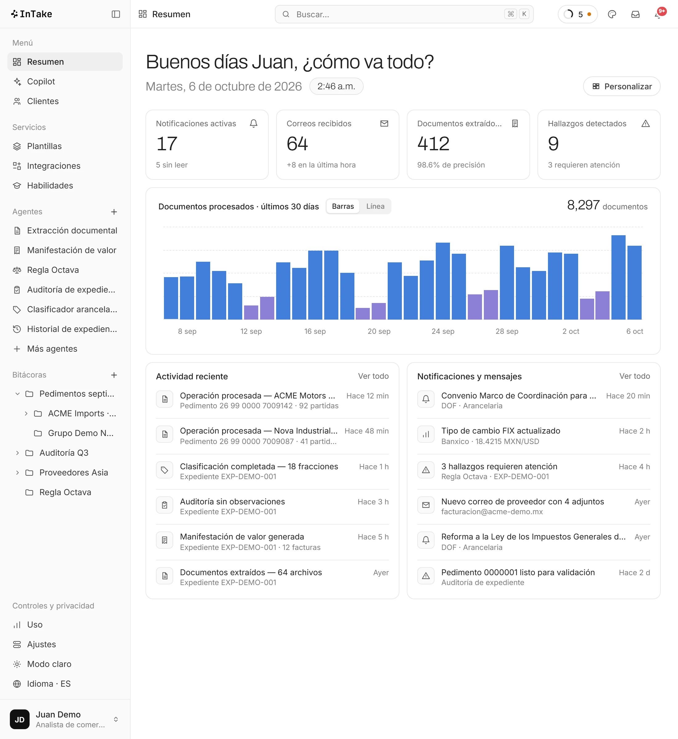 Pantalla de Resumen en InTake