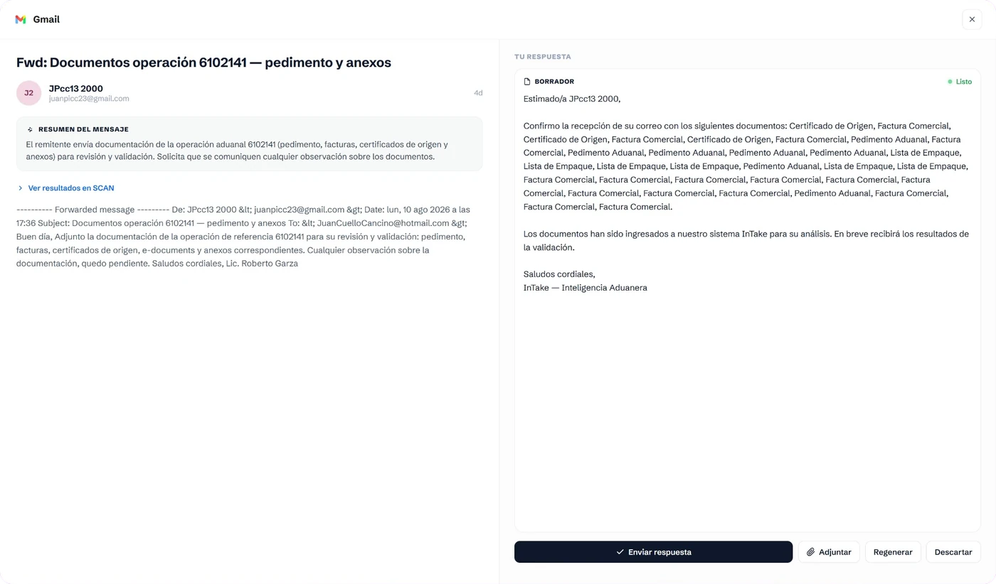 InTake redacta la respuesta al correo de la operacion